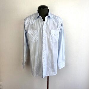 White Horse Men Long Shirt XL Western Pearl Snap Blue White Stripes Long Sleeves